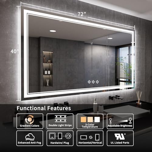 Bathroom Mirror, 72x40 Inch Gradient Front and Backlit Big LED Mirror, 3 Colors - Image 2