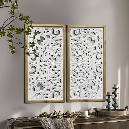 XIAOAIKA Rustic Wood Frame Wall Art Set of 2, Floral Scroll Carved Panels by XIAOAIKA