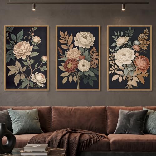 HOURIA Large Moody Dark Flower Framed Canvas Wall Art Set- 24"x36"x3 by HOURIA
