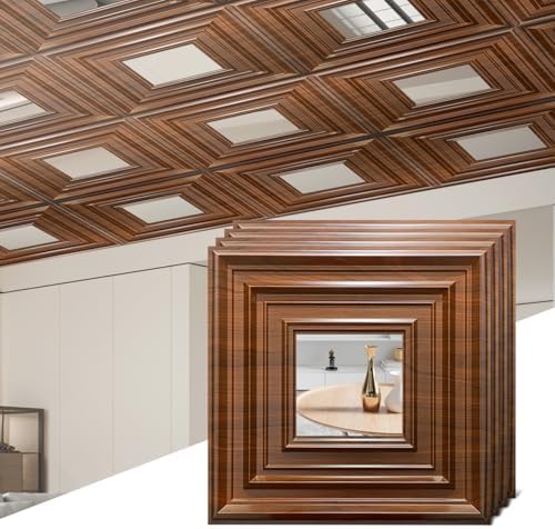 12 Pack PVC Ceiling Tiles 19.7"x19.7" – Silver Mirror & Wood Grain 3D Wall by Chejiaye