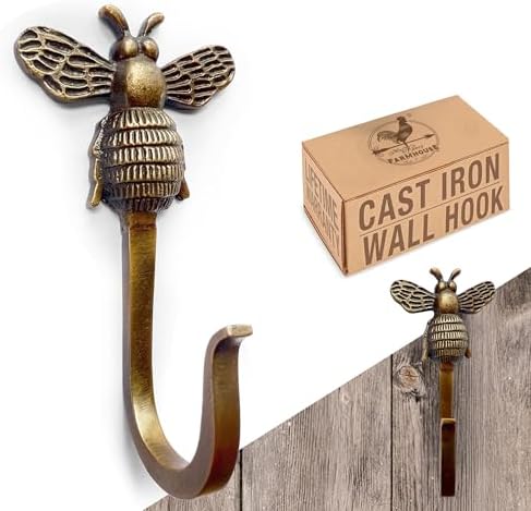 Cast Iron Honey Bee Hook, Heavy Duty, 5 inch Farmhouse Decorative Wall Hook by MyFancyFarmhouse