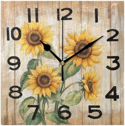 8 Inch Square Wall Clock, Retro Board Blooming Sunflowers Non Ticking Battery by Peystean