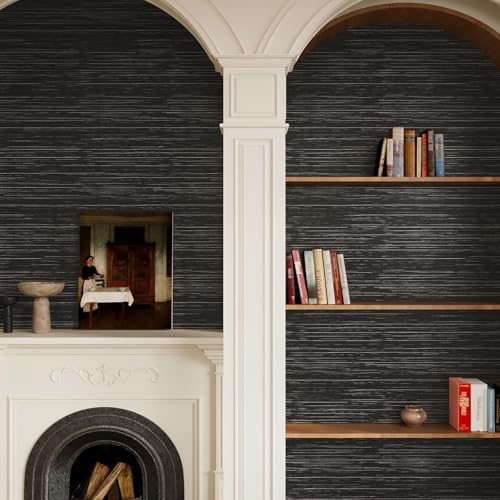 VEELIKE Black Grasscloth Wallpaper Textured Black Grasscloth Peel and Stick - Image 6