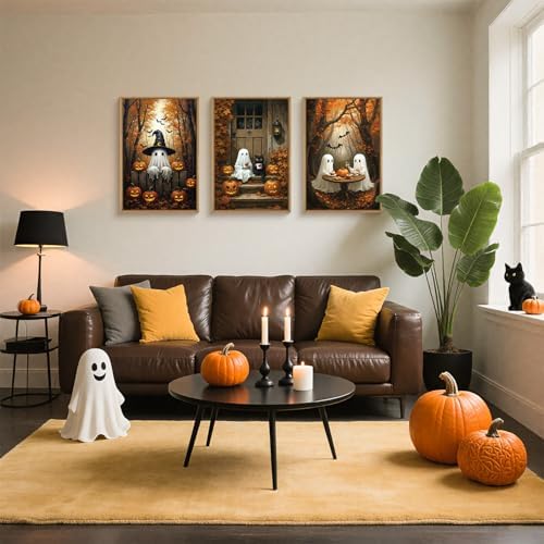 FWIEXA Halloween Cute Ghost Pumpkins Canvas Wall Art Set of 3, Vintage Witchy - Image 3