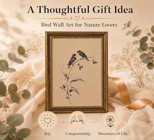 Gold Framed 3D Textured Wall Art, Vintage Sketch Birds on Branch Canvas Prints - Image 3
