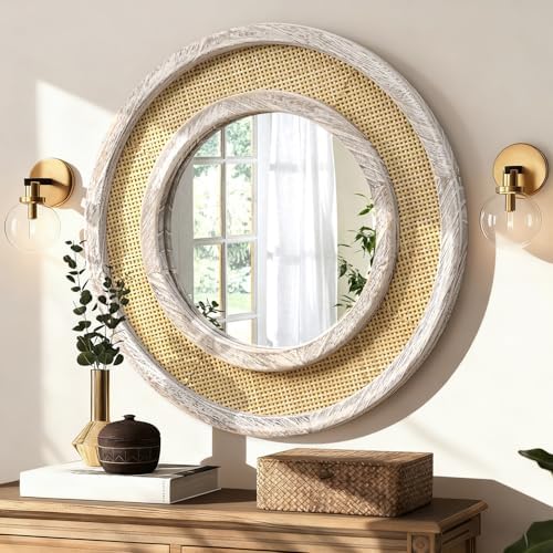 JJUUYOU Round Mirror Wood Framed Circle Rattan Hanging Mirrors by JJUUYOU