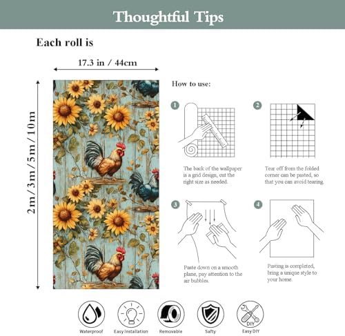 Sunflowers Rooster Peel and Stick Wallpaper 3D Printed Wood Vintage - Image 7