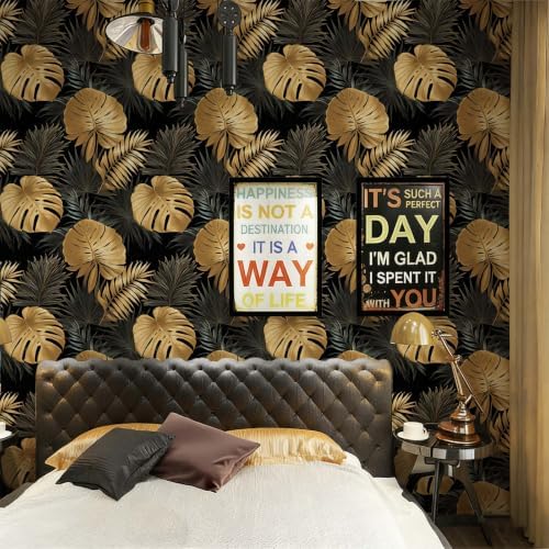 Black Gold Tropical Palm Monstera Leaf Peel and Stick Wallpaper Self Adhesive - Image 3