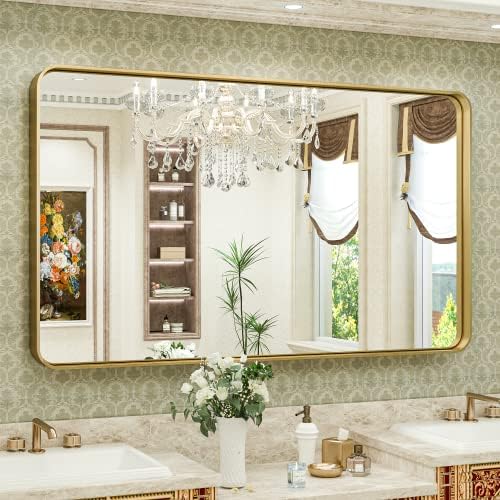 TokeShimi Gold Bathroom Mirror for Wall 48 x 30 Inch Metal Rounded Corner by TokeShimi
