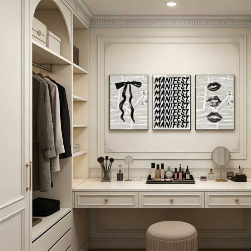 3Pcs Trendy Black and White Preppy Wall Art Retro Kiss Lips Bow and Manifest - Image 6
