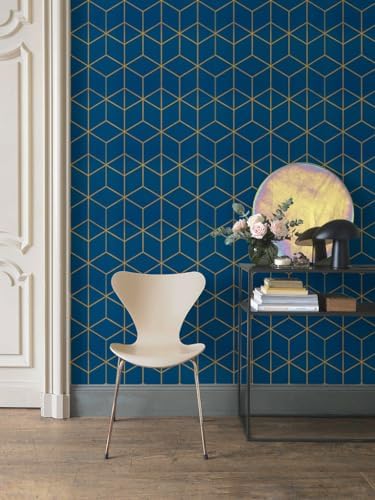 Safiyya Gold and Blue Wallpaper Peel and Stick Wallpaper Modern Geometric - Image 2