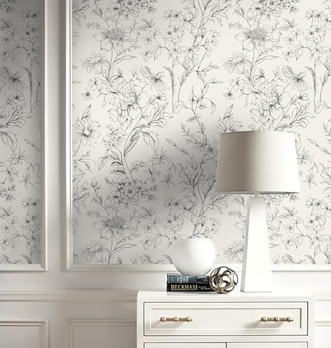 Hopepak Black and Cream White Wallpaper Floral Peel and Stick Wallpaper 17.3" x - Image 2
