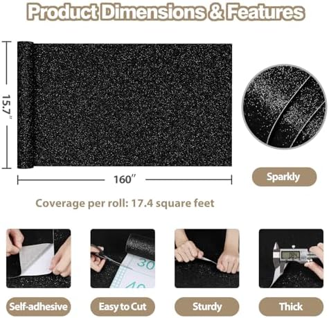 Sparkle Black Glitter Wallpaper Adhesive Glitter Contact Paper Peel and Stick - Image 3