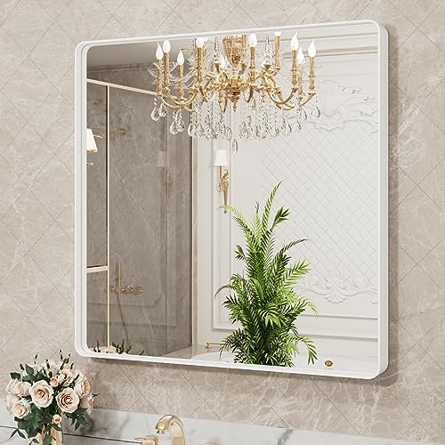 LOAAO 30x30 Inch White Metal Framed Bathroom Mirror - Image 3