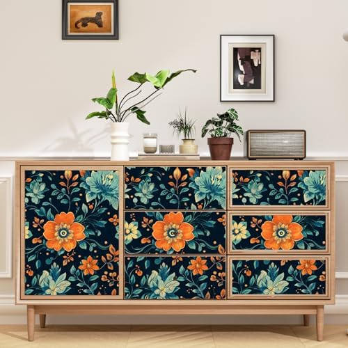 BOKEBEVE Vintage Floral Wallpaper Peel and Stick Blue Orange 17.5 x 393.5In - Image 5