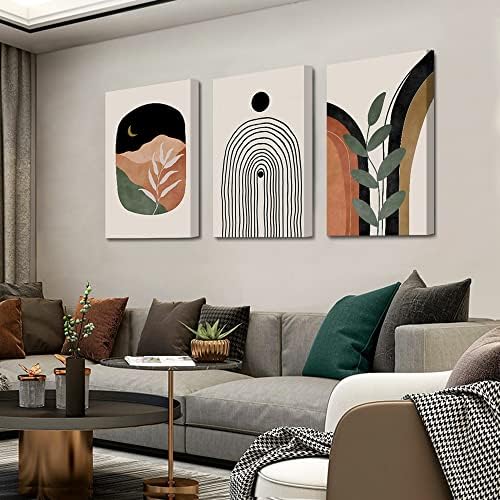 Boho Wall Art Set of 3, Mid Century Modern Canvas Wall Painting, Neutral - Image 3