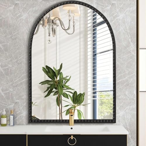 Black Arched Wall Mirror Metal Beaded Frame Bathroom Mirror by HLFMVWE
