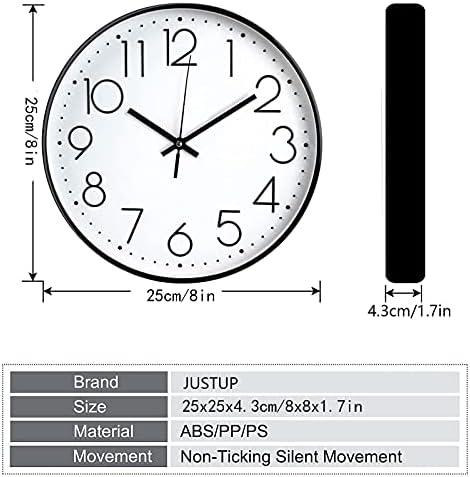 JUSTUP 8 Inch Modern Wall Clock, Silent Battery Operated Round Wall Clock - Image 6