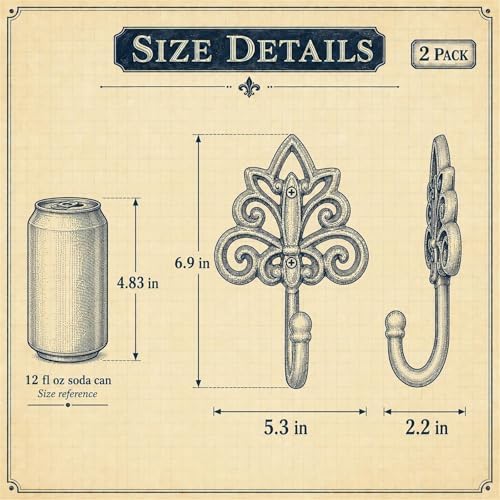 iobiotio Cast Iron Wall Hooks Heavy Duty 2 Pack, Vintage Coat Hooks - Image 2
