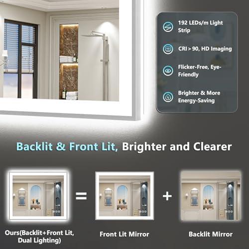 44x30 Inch Brushed Nickel LED Bathroom Mirror, Backlit & Front Lit - Image 3