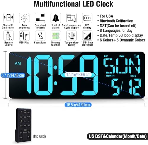 TXL 17.2" Large Digital Wall Clock Bluetooth Sync Time, LED Wall Clock - Image 4