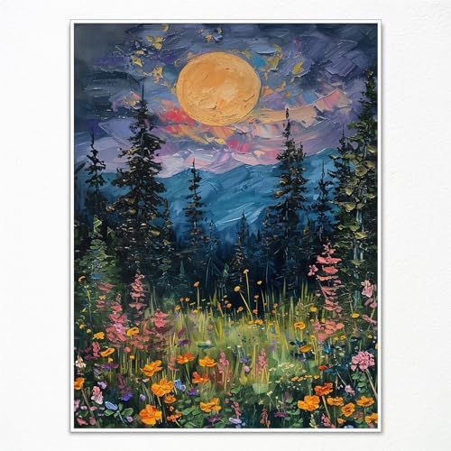 Yuaruo Vintage Full Moon Above The Wildflowers Canvas Wall Art, Mystical by Yuaruo