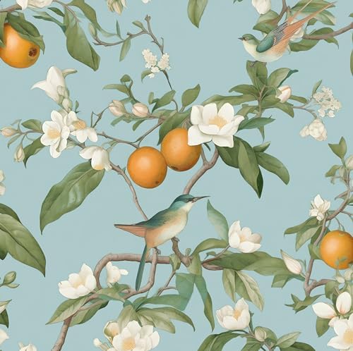 Laatse Vintage Blue Bird Floral Botanical Wallpaper 17.5"x393" by Laatse