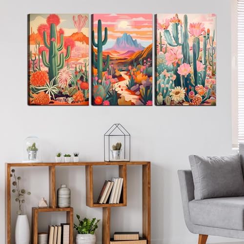 Framed Cactus Canvas Wall Art Green Pink Orange Plant Floral Wall decoration - Image 3