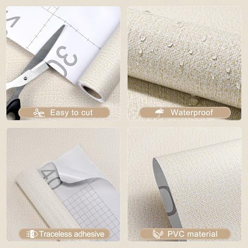 Peel and Stick Grasscloth Wallpaper Texture Cream Faux Linen Contact Paper Self - Image 2