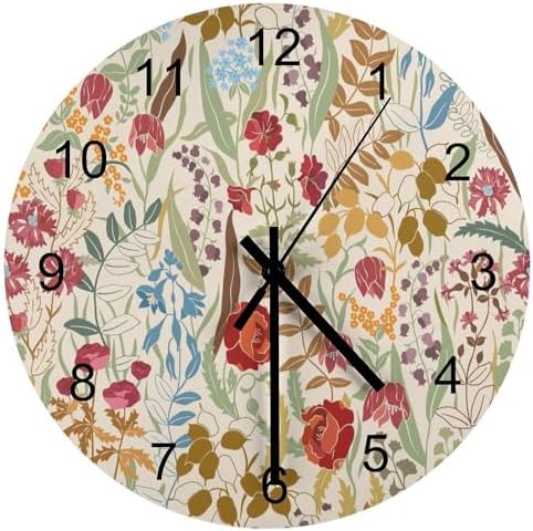 Retro Floral Wood Wall Clock, Vintage Flowers Botanical Garden Plants Herbs by LOMADIA