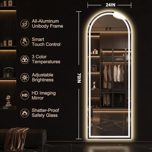 Delma LED Arched Full Length Mirror, Dimmable & 3 Color Lighting, - Image 3