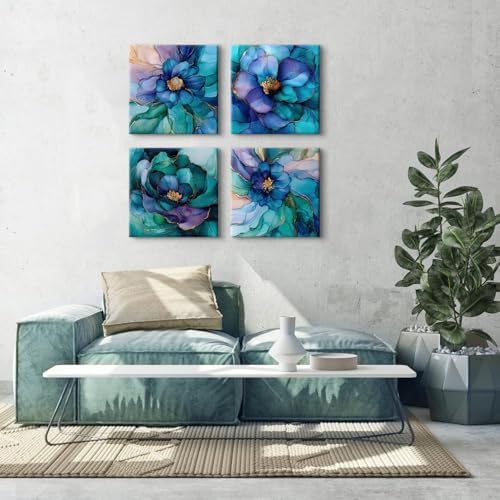BL BORLINART Teal Blue and Gold Flower Wall Art Modern Wall Decor Abstract - Image 6