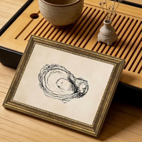 Gold Framed Wall Art Vintage Oyster Shell Sketch Wall Art Rustic Kitchen - Image 3