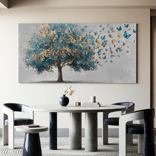 YISXINOAG Blue Gold Tree of Life Wall Art Butterfly Landscape Print 29"X58" - Image 6