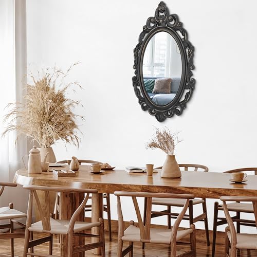 Oval Mirror Black Wooden Hanging Mirrors Carved Wall Mirror Baroque Style Frame - Image 7