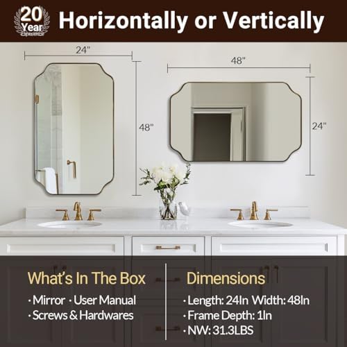 ANDY STAR 24"x48" Large Bathroom Mirror, Brushed Gold Rectangle Mirror - Image 2