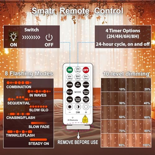 HXWEIYE 300LED Fairy Curtain Lights, 9.8x9.8Ft USB, 8 Modes & Timer - Image 4