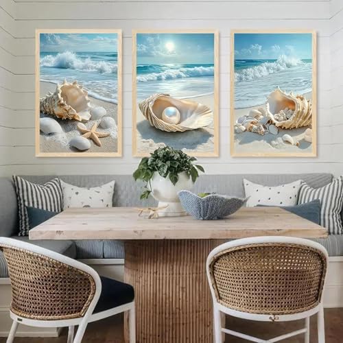 SYWENNOI Triptych Coastal Shell Pearl Framed Canvas Wall Art 16x24 inch x3 - Image 3