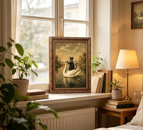 Vintage Gold Framed Black Cat Wall Art, Dark Academia Swan Painting Canvas Print - Image 5