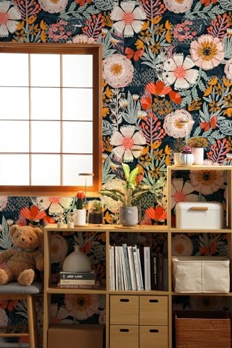 HAOKHOME Navy Pink Floral Peel and Stick Wallpaper Boho Contact Paper Decor - Image 2