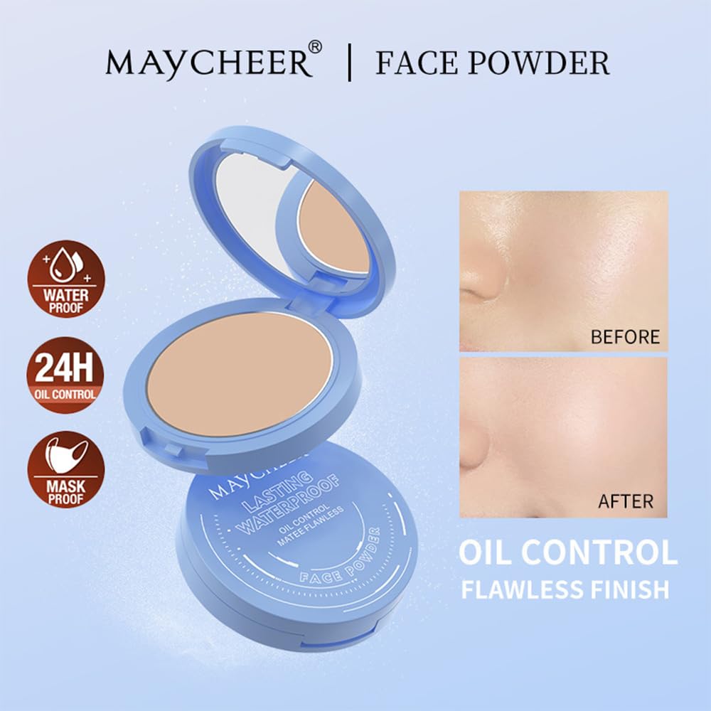LAMUSELAND Pressed Powder Compact, Oil Control Brighten Skin Color Face Powder, Whitening Highlighting Face Makeup Tools for Women Girls (JG03)