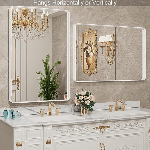 LOAAO 32x36 Inch White Metal Framed Bathroom Mirror - Image 3