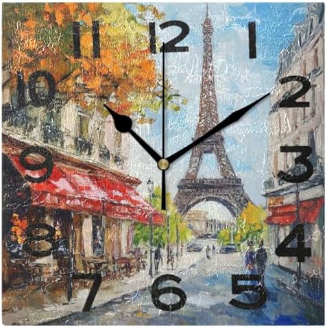 8 Inch Square Wall Clock, Colors Streetscape Paris Eiffel Tower Painting Non by Peystean