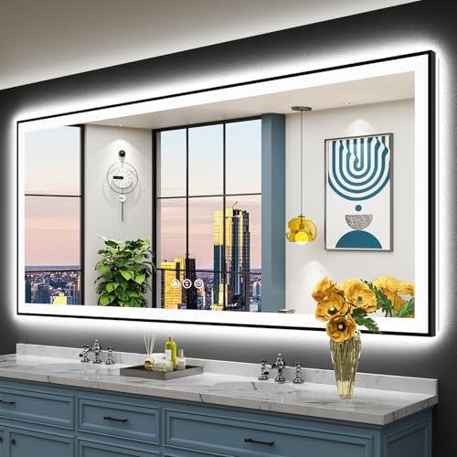 88x38 Black LED Bathroom Mirror, Backlit & Front Lit Lighted Mirror by Awandee