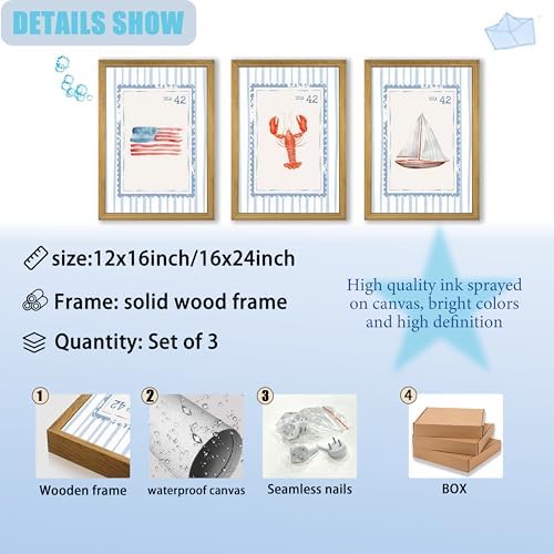Wood Framed Blue Beach Stamp Set of 3 Canvas Poster Coastal Granddaughter Room - Image 3