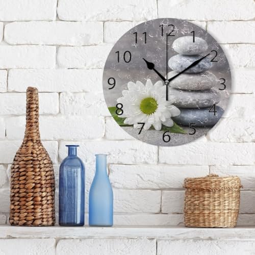 ABLINK Hipster Zen Stone and Flower Round Wall Clock, Silent Non Ticking Oil - Image 3