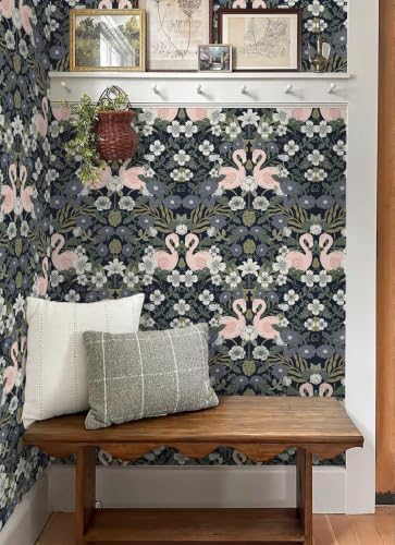Heroad Vintage Peel and Stick Wallpaper Floral Flamingo Contact Paper Dark Blue - Image 6