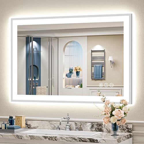 44x30 Inch Brushed Nickel LED Bathroom Mirror, Backlit & Front Lit by Awandee