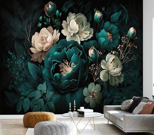 Luxurious Moody Dark Teal & Cream Floral Wallpaper Wall Decor - Image 2