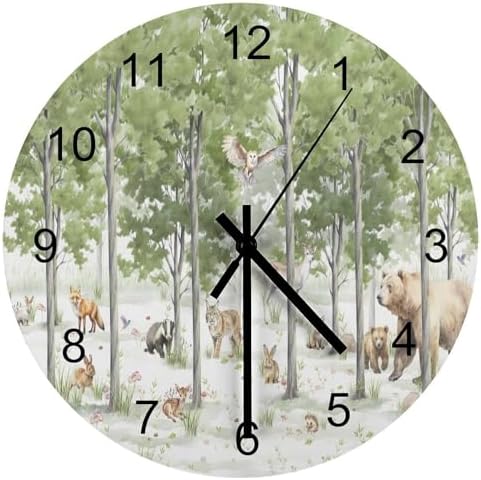 Forest Wood Wall Clock, Cartoon Forest Nature Animal Bear, Rabbit Style Pattern by LOMADIA